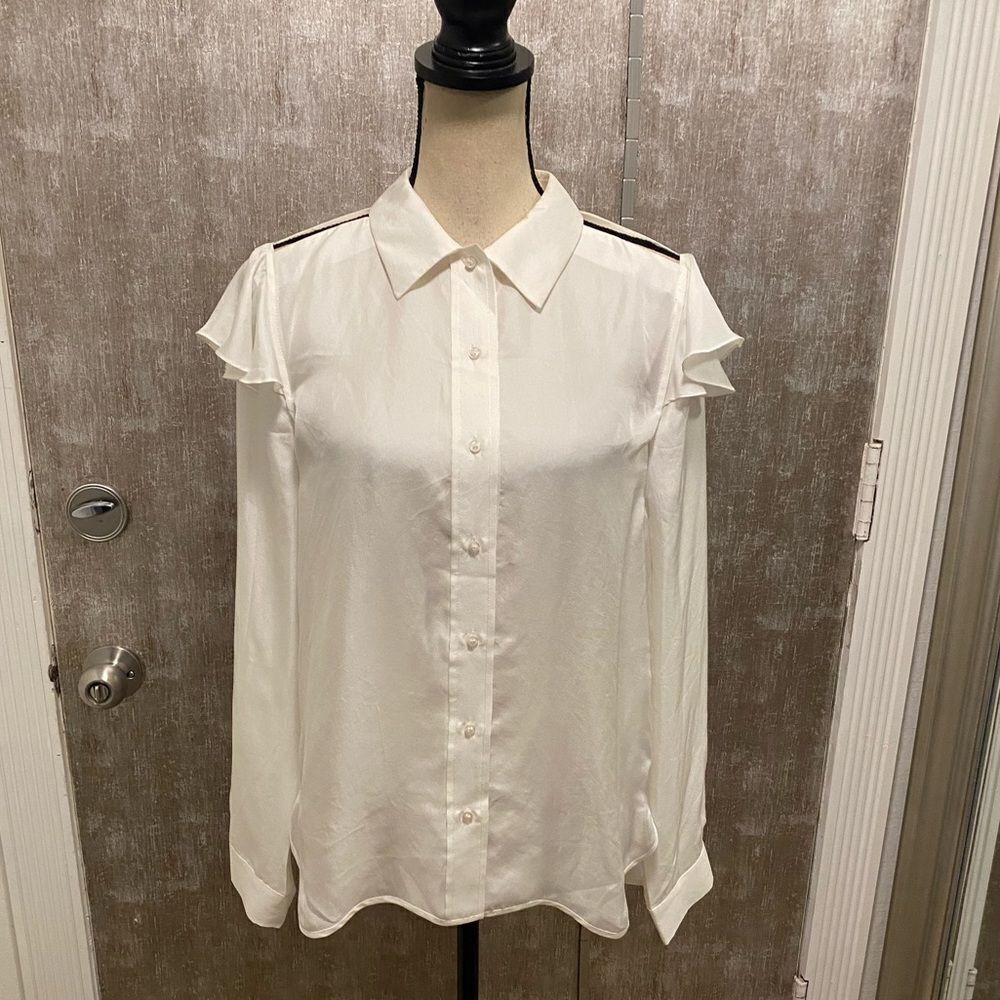 Maje 100% silk open shoulder ruffle blouse, L
